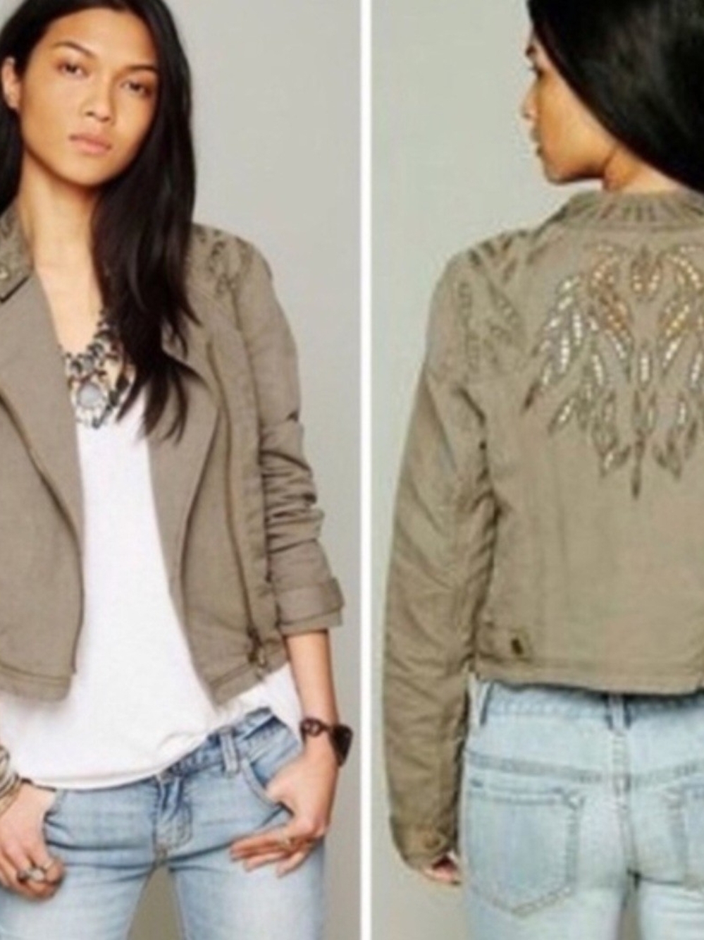 Free People Green Cut Out Linen Moto Jacket